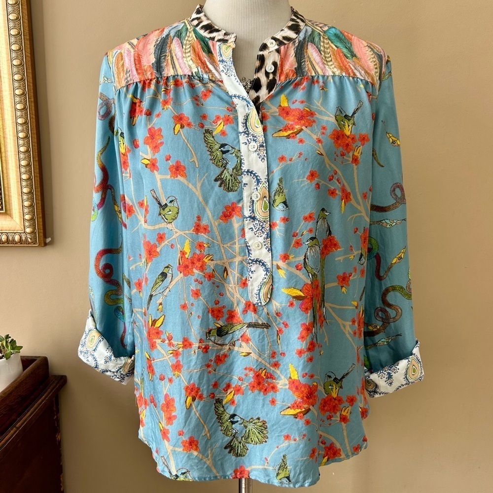 La Prestic Ouiston Romee Silk Blouse Popover Top Mixed Print Bird Snake Leopard